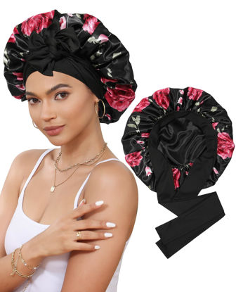 Picture of Satin Bonnet Silk Bonnet for Sleeping Silk Sleep Cap Double Layer Hair Bonnet with Elastic Tie Band for Curly Hair Night Cap (Black Flower + Black)