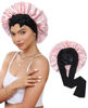 Picture of Satin Bonnet Silk Bonnet for Sleeping Silk Sleep Cap Double Layer Hair Bonnet with Elastic Tie Band for Curly Hair Night Cap (Black + Peach Pink)