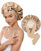 Picture of Satin Bonnet Silk Bonnet for Sleeping Silk Sleep Cap Double Layer Hair Bonnet with Elastic Tie Band for Curly Hair Night Cap (Coffee + Champagne)