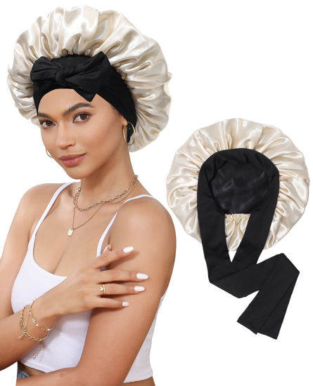 Picture of Satin Bonnet Silk Bonnet for Sleeping Silk Sleep Cap Double Layer Hair Bonnet with Elastic Tie Band for Curly Hair Night Cap (Black + Champagne)