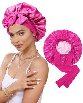 Picture of Satin Bonnet Silk Bonnet for Sleeping Silk Sleep Cap Double Layer Hair Bonnet with Elastic Tie Band for Curly Hair Night Cap (Rose red + Skin Powder)