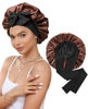 Picture of Satin Bonnet Silk Bonnet for Sleeping Silk Sleep Cap Double Layer Hair Bonnet with Elastic Tie Band for Curly Hair Night Cap (Black+Brown)