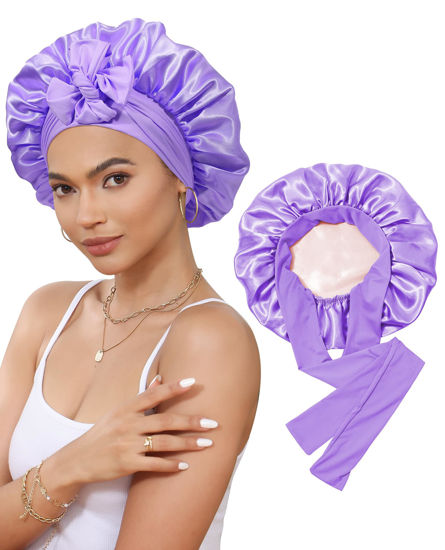 Picture of Satin Bonnet Silk Bonnet for Sleeping Silk Sleep Cap Double Layer Hair Bonnet with Elastic Tie Band for Curly Hair Night Cap (Light Purple+Champagne)