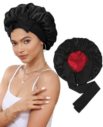 Picture of Satin Bonnet Silk Bonnet for Sleeping Silk Sleep Cap Double Layer Hair Bonnet with Elastic Tie Band for Curly Hair Night Cap (Black+Red)