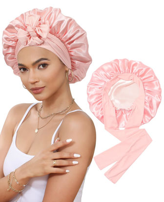 Picture of Satin Bonnet Silk Bonnet for Sleeping Silk Sleep Cap Double Layer Hair Bonnet with Elastic Tie Band for Curly Hair Night Cap (Apricot Powder+Champagne)