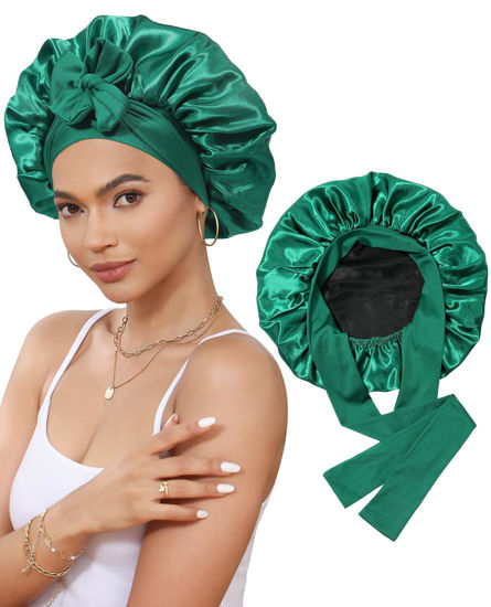 Picture of Satin Bonnet Silk Bonnet for Sleeping Silk Sleep Cap Double Layer Hair Bonnet with Elastic Tie Band for Curly Hair Night Cap (Dark Green+Black)