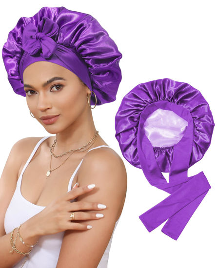 Picture of Satin Bonnet Silk Bonnet for Sleeping Silk Sleep Cap Double Layer Hair Bonnet with Elastic Tie Band for Curly Hair Night Cap (Dark Purple+Light Purple)