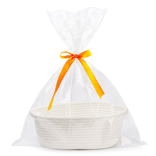 Picture of Pro Goleem Small Woven Basket with Gift Bags and Ribbons Durable Baskets for Fathers Day Gift Empty Small Rope Basket for Storage 12"X 8" X 5" Baby Toy Basket with Handles, White