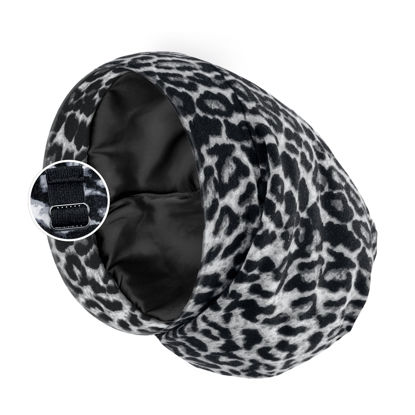 Picture of Satin Lined Sleep Cap Bonnet for Curly Hair and Braids, Stay On All Night Hair Wrap with Adjustable Strap for Women and Men, Black Leopard, Pack of 1