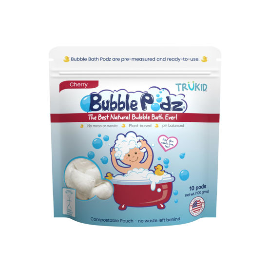 Picture of TruKid Bubble Podz Bubble Bath for Baby & Kids, Gentle Refreshing Bath Bomb for Sensitive Skin, pH Balance 7 for Eye Sensitivity, Natural Moisturizers and Ingredients, Cherry (10 Podz)