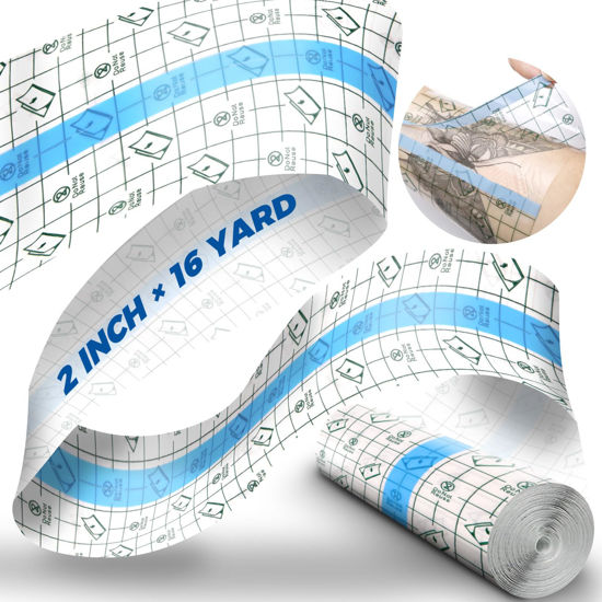 Picture of 2" x 16 Yard Tattoo Aftercare Waterproof Bandages Tattoo Cover Up Tape, Tattoo Supplies Care and Equipment Second Skin Protective Clear Sterile Safe Bandages