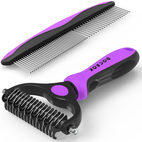 Picture of Docrok Pet Grooming Brush and Metal Comb Combo - Undercoat Rake for Dematting and Deshedding Long Matted Haired Dogs and Cats, Purple