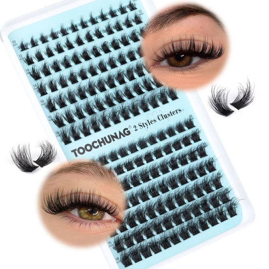 Picture of TOOCHUNAG Fluffy Lash Clusters 2 Styles Eyelashes Wispy Individual Lashes Clusters D Curl Thick Cluster Eyelash Extensions DIY Lash Extension at Home(168pcs,10-18mm)