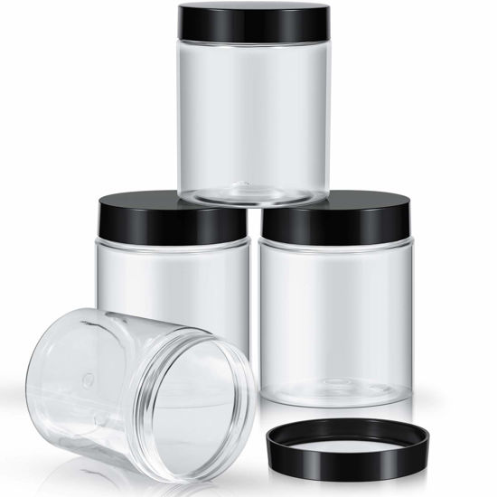 Picture of 4 Pieces Round Clear Wide-mouth Leak Proof Plastic Container Jars with Lids for Travel Storage Makeup Beauty Products Face Creams Oils Salves Ointments DIY Making or Others (Black, 10 Ounce)