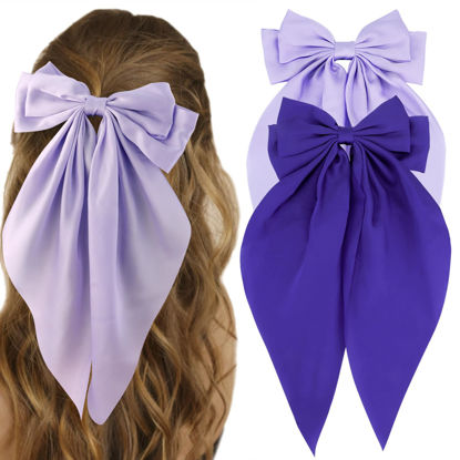 Picture of ATODEN Silky Satin Purple Hair Bows 2 Pcs Big Hair Bows for Women Hair Ribbons Oversized Long Tail Bow Hair Clips Large Hair Ribbon Barrettes Metal Clips Bowknot Aesthetic Girls Hair Accessories Gifts