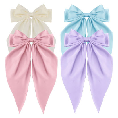 Picture of ATODEN Women's Hair Accessories - 4Pcs Oversized Satin Long Tail Bowknot Hair Clips with Metal Barrettes in Beige, Pink, Blue, Purple