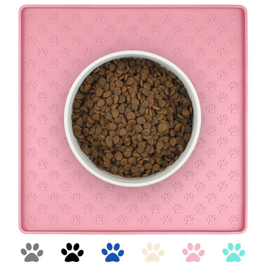 Picture of Ptlom Pet Placemat for Dog and Cat, Waterproof Non-Slip Silicone Feeding Bowl Mat Prevent Food and Water Overflow, Puppy Dish Feeder Fountain Trays Suitable for Medium and Small Pets, Pink