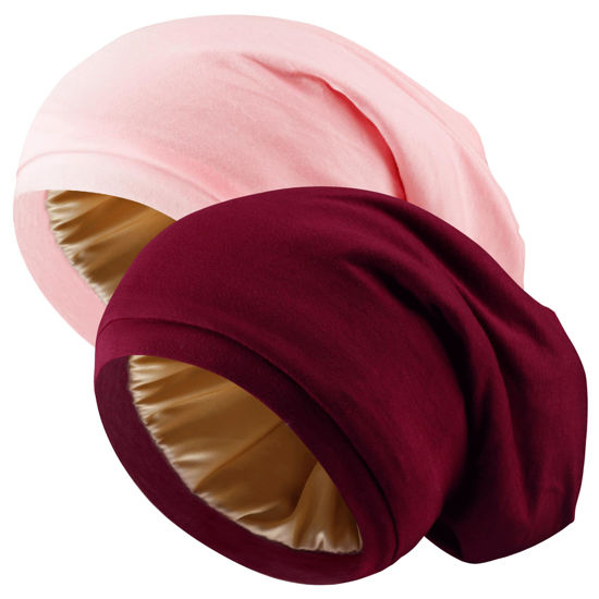 Picture of NICPOO Silk Satin Bonnet Hair Wrap for Sleeping, 2 Pcs Adjustable Silk Bonnets for Women Men Sleep Cap Silk Lined Slouchy Curly Hair Head Scarf Night Caps Red+Pink.