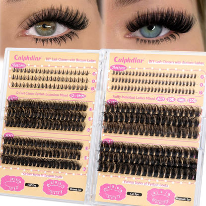 Picture of calphdiar Fluffy Lash Clusters with Bottom Lashes Cluster Eyelash Extensions 60D+80D+100D+120D Thick Volume Individual Lashes 12-18mm with Bottom Eyelash Clusters DIY D Curl Lash Extension at Home