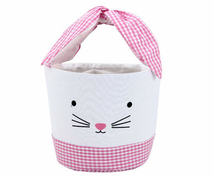 Picture of Easter Bunny Basket Egg Bags for Kids,Canvas Cotton Personalized Candy Egg Basket Rabbit Print Buckets with Fluffy Tail Gifts Bags for Easter……