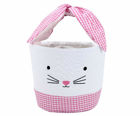 Picture of Easter Bunny Basket Egg Bags for Kids,Canvas Cotton Personalized Candy Egg Basket Rabbit Print Buckets with Fluffy Tail Gifts Bags for Easter……