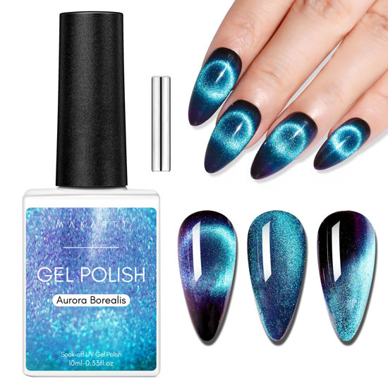 Picture of Makartt Gel Nail Polish, Black Hole Cat Eye Gel Polish 10ml Sparkly Cat Eye Glitter Spring Gel Polish with Magnet Stick Soak Off UV/LED Manicure Nail Art Designs- Aurora Borealis