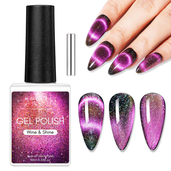 Picture of Makartt Gel Nail Polish, Black Hole Cat Eye Gel Polish 10ml Sparkly Cat Eye Glitter Spring Gel Polish with Magnet Stick Soak Off UV/LED Manicure Nail Art Designs-Wine & Shine