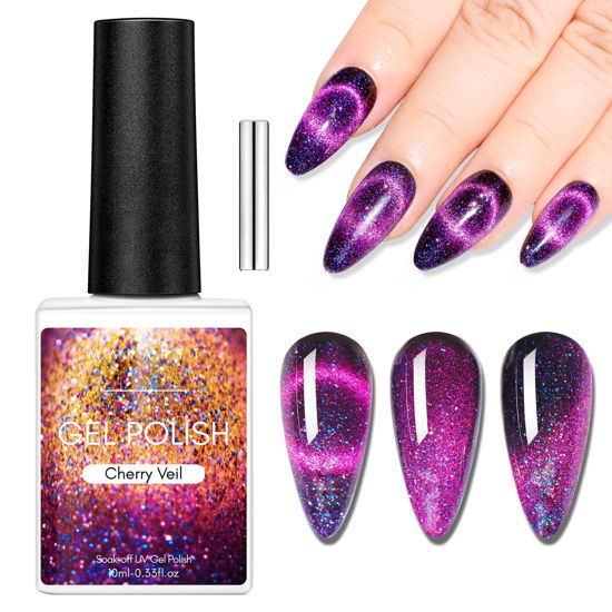 Picture of Makartt Gel Nail Polish, Black Hole Cat Eye Gel Polish 10ml Sparkly Cat Eye Glitter Spring Gel Polish with Magnet Stick Soak Off UV/LED Manicure Nail Art Designs-Cherry Veil