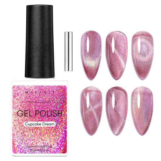 Picture of Makartt Cat Eye Gel Nail Polish Universal Rainbow Holographic Gel Polish Cupcake Dream Sparkly Glitter Unique Magnetic Effect Nail Gel for DIY Nail Art UV LED Soak Off Manicure 10ml