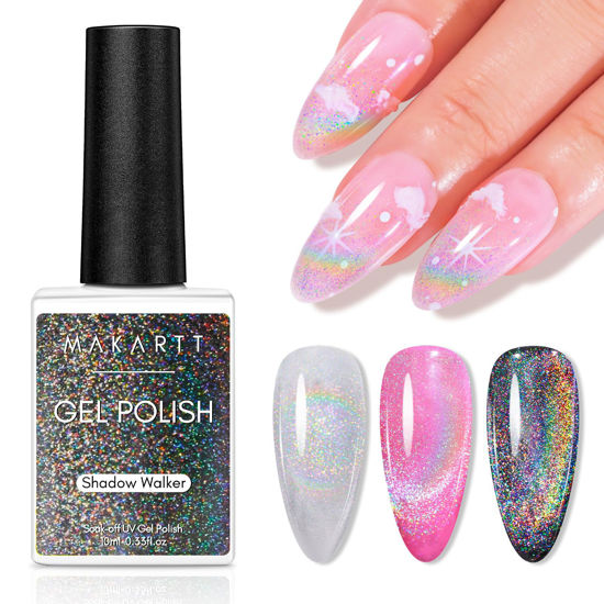 Picture of Makartt Gel Nail Polish, Universal Rainbow Cat Eye Gel Nail Polish 10ml Holographic 9D Sparkly Hole Cat Eye Glitter Spring Gel Polish with Magnet Stick Soak Off UV/LED Manicure Nail Art Designs