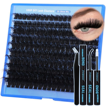 Picture of Focipeysa Thick Lash Extension Kit Fluffy Lash Clusters 100P Eyelash Extension Kit DIY Lash Extension Kit with Bond and Seal Glue, Lash Applicator DIY at Home for Beginner (100P 10-18MM)