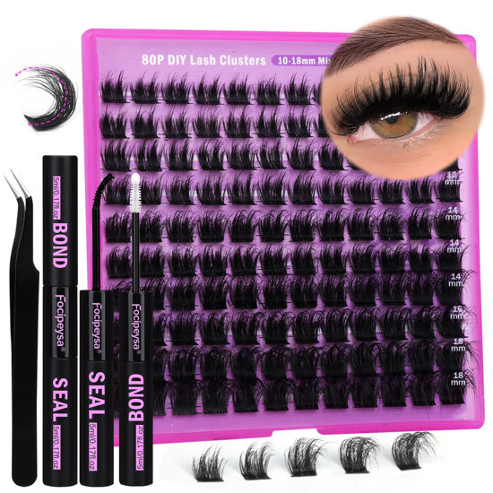 Picture of Focipeysa Fluffy Eyelash Extension Kit Lash Clusters 80P Lash Extension Kit Individual Eyelash Kit with Bond and Seal Glue, Lash Applicator DIY Cluster Lashes at Home for Beginner (80P 10-18MM)