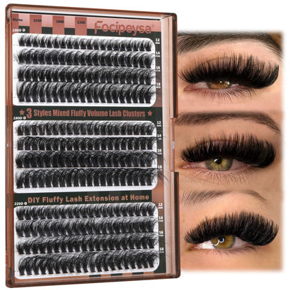 Picture of Focipeysa Fluffy Lash Clusters Wispy Lash Extension 12-18mm Eyelash Clusters 150D+180D+220D Individual Eyelashes Extensions, DIY Clusters Lashes at Home (240pcs 12-18mm Mixed)