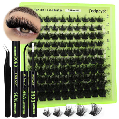 Picture of Focipeysa Lash Clusters DIY Lash Extension Kit 60P Eyelash Extension Wispy Individual Lashes Extension with Bond and Seal Glue, Lash Applicator DIY at Home for Beginner (60P 10-18MM)