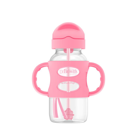 Picture of Dr. Brown's Milestones Wide-Neck Sippy Straw Bottle with 100% Silicone Handles and Weighted Straw, 9 oz/270 mL, Pink, 6m+