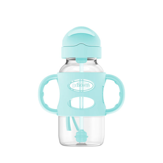 Picture of Dr. Brown's Milestones Wide-Neck Sippy Straw Bottle with 100% Silicone Handles and Weighted Straw, 9 oz/270 mL, Green, 6m+