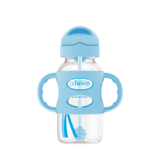 Picture of Dr. Brown's Milestones Wide-Neck Sippy Straw Bottle with 100% Silicone Handles and Weighted Straw, 9 oz/270 mL, Blue, 6m+