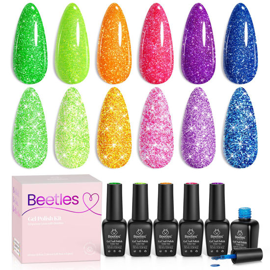 Picture of Beetles Reflective Glitter Neon Gel Polish Set Summer 6 Colors Gel Nail Polish Set Nails Gel Blue Hot Pink Purple Soak Off Uv Led Gel Nail Polish Kit Nail Gift for Her