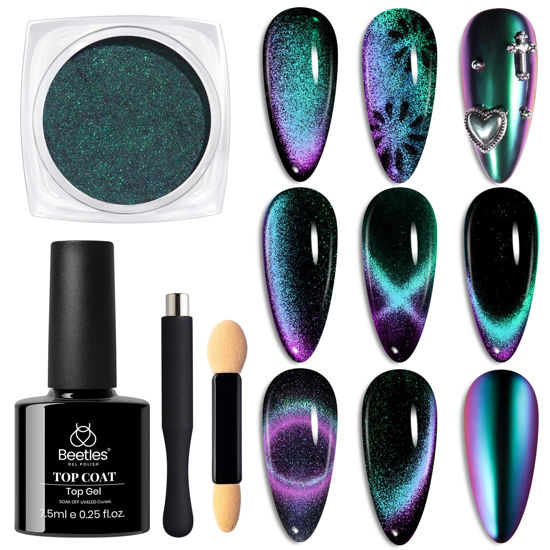 Picture of beetles Cat Eye Chrome Nail Powder Set, 2 In 1 Holographic Metallic Mirror Effect Chameleon Galaxy Nail Powder Nail with No Wipe UV Gel Top Coat Magnet for Velvet metallic Nail Art Design Manicure