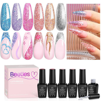 Picture of Beetles Glitter Gel Nail Polish 6 Colors Holographic Sparkle Silver Pink Blue Gel Polish Set Soak Off Uv Diy Manicure Kit Gel Polish Gift Set for Women Girls Uv Nail Polish Glitter Beetles Wonder Glam