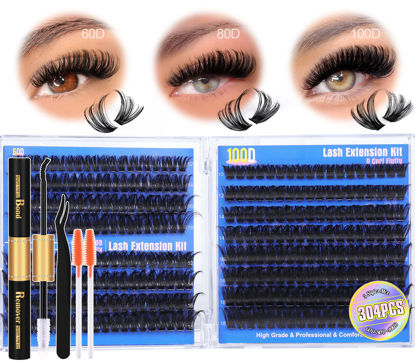 Picture of Lash Extension Kit Fluffy Eyelash Extension Kit 304pcs Thick Lash Clusters with Lash Bond and Remover and Applicator 10-18MM Eyelashes Clusters Individual Lashes Extension Kit by Pleell (60D+80D+100D)