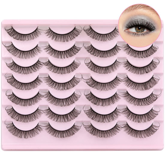 Picture of Newcally Russian Strip Lashes Mink Wispy Natural Look False Eyelashes Pack Manga Lashes D Curl Fluffy Volume Faux Mink Lashes Cat Eye Lashes Look Like Lashes Extension 14 Pairs