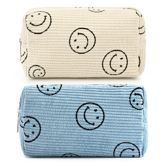 Picture of SOIDRAM 2 Pieces Smile Face Makeup Bag Cosmetic Bag for Women, Corduroy Makeup Pouch Travel Toiletry Bag Organizer Cute Makeup Brushes Storage Bag for Women