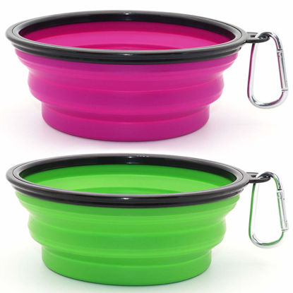 Picture of Dog Bowl Pet Collapsible Bowls, 2 Pack Collapsible Dog Water Bowls for Cats Dogs, Portable Pet Feeding Watering Dish for Walking Parking Traveling with 2 Carabiners (Large, Green+Purple)