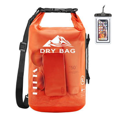 Picture of HEETA Dry Bag Waterproof for Women Men, Roll Top Lightweight Dry Storage Bag Backpack with Phone Case for Travel, Swimming, Boating, Kayaking, Camping and Beach (Transparent Orange, 5L)