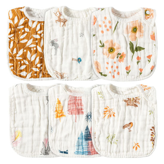 Picture of Zainpe 6Pcs Muslin Cotton Bibs for Baby Flower Bunny Deer Adjustable Machine Washable Neutral Burp Cloths with 6 Absorbent Soft Layers for Unisex Infant Newborn Toddler Drooling Feeding Teething