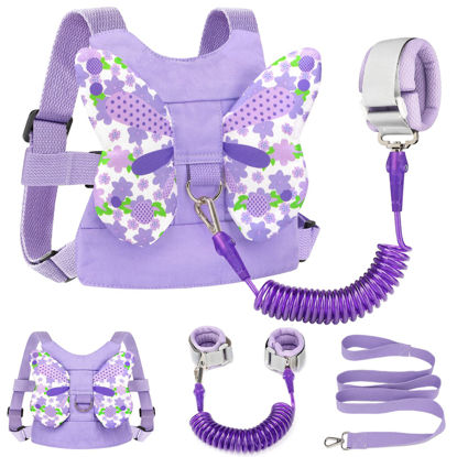 Picture of Toddler Harness Leash + Anti Lost Wrist Link, Accmor Kids Butterfly Harnesses with Children Leashes, Cute Baby Leash Walking Assistant Wristband Strap Tether for Girls Outdoor (Purple)