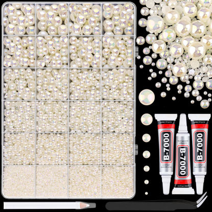 Picture of 11000Pcs Flatback Pearls for Crafting (Beige AB), Assorted Size 2/3/4/5/6/8/10mm Half Pearl with 3Pcs 10ml B7000 Jewelry Glue, Bedazzling Bead for DIY Crafts Clothing Tumblers Shoes Nail Art