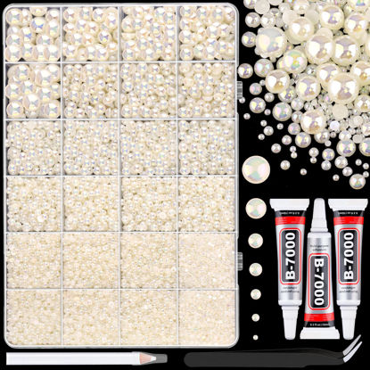 Picture of 13000Pcs Flatback Pearls for Crafting (Beige AB), Assorted Size 2/3/4/5/6/8/10mm Half Pearl with 3Pcs 10ml B7000 Jewelry Glue, Bedazzling Bead for DIY Crafts Clothing Tumblers Shoes Nail Art