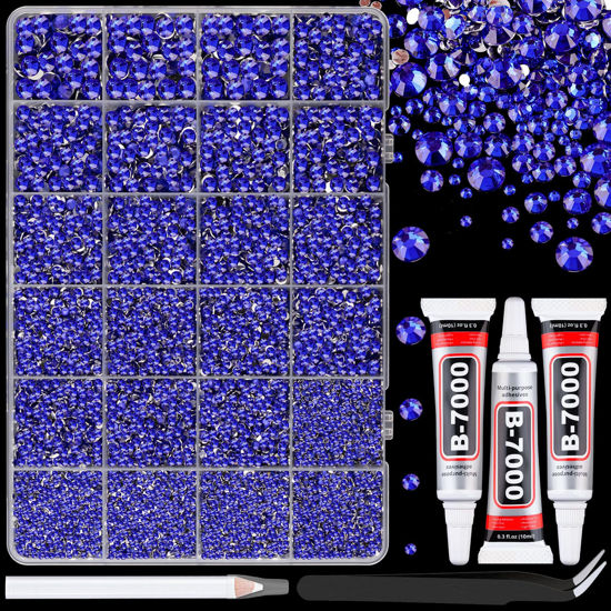 Picture of 25000Pcs Resin Rhinestones with Tweezers for Crafting, Royal Blue Flatback Gems, Bedazzling Crystal with 3Pcs 10ml B7000 Jewelry Glue for DIY Crafts Clothing Tumblers Shoes Fabric Nail Art